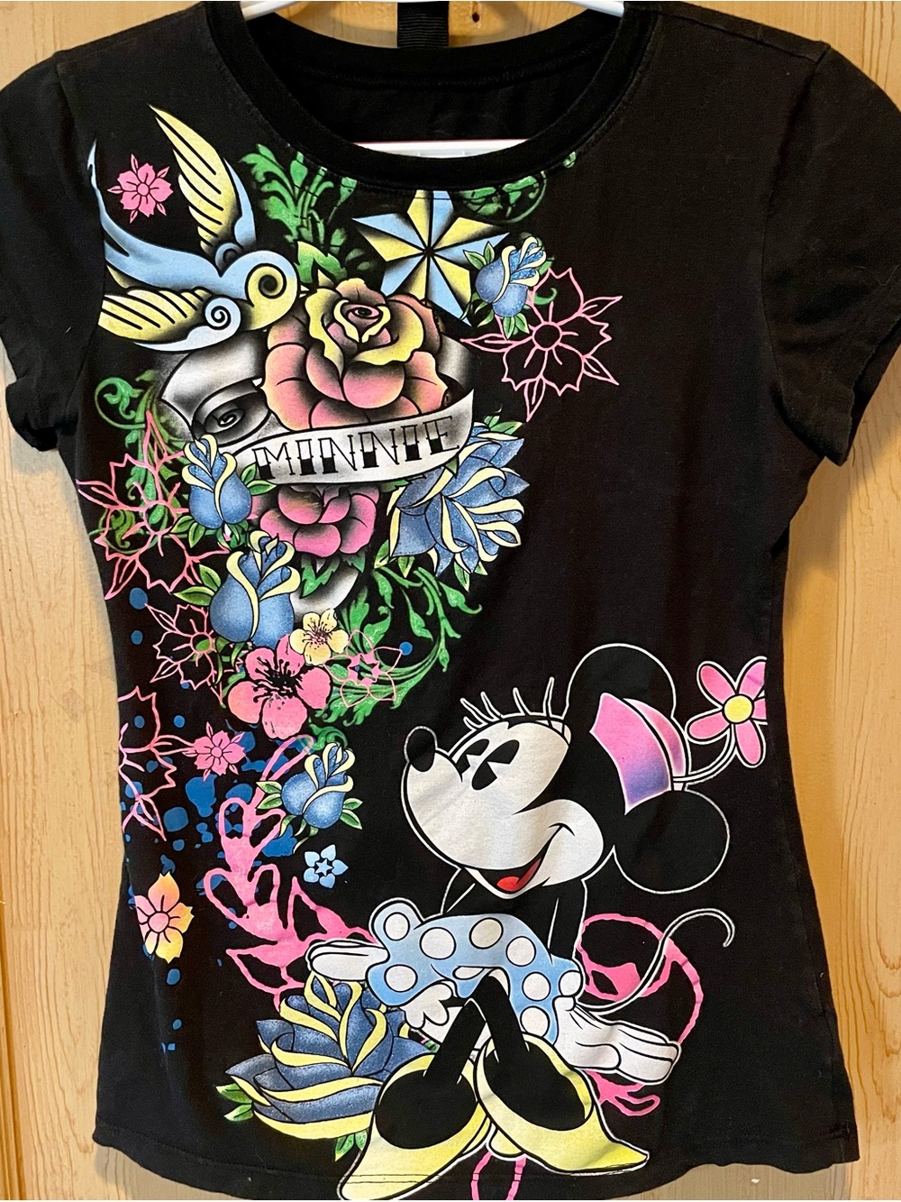 Disney Black Minnie Mouse Floral Graphic Tee with Pink & Blue Accents